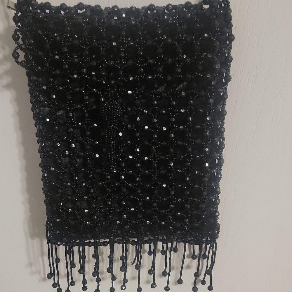 Black Beaded Fringe Bag Crossbody